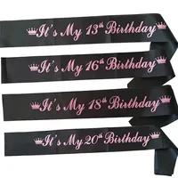 Giltter Black It's My 13th 16th 18th 20th Birthday Crown Sash Sweet 16 Shoulder Strap for Girls Happy Birthday Party Decoration