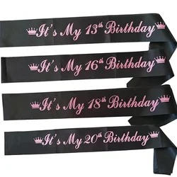 Giltter Black It's My 13th 16th 18th 20th Birthday Crown Sash Sweet 16 Shoulder Strap for Girls Happy Birthday Party Decoration