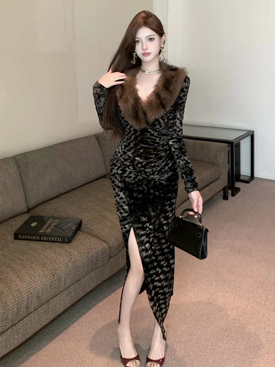 

Сексуальное винтажное бархатное длинное платье со съемным меховым воротником и высокой талией, глубоким V-образным вырезом и разрезом, облегающее платье с высокой талией для женщин