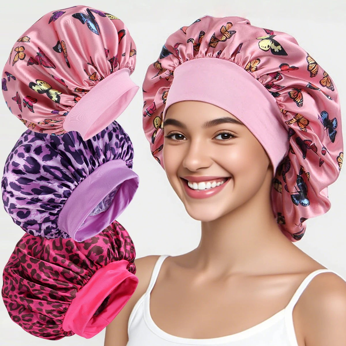 Unisex Pink Leopard Butterfly Sleep Cap Soft Comfortable Material Ideal for Students Couples Daily Sleep Makeup Festive Gift