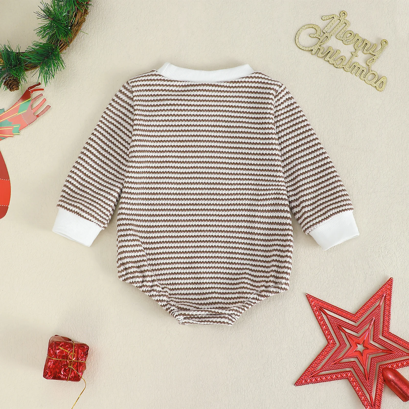 Christmas Pattern round Neck Long Sleeve Striped Baby Boy Romper Triangle Design Infant Clothing