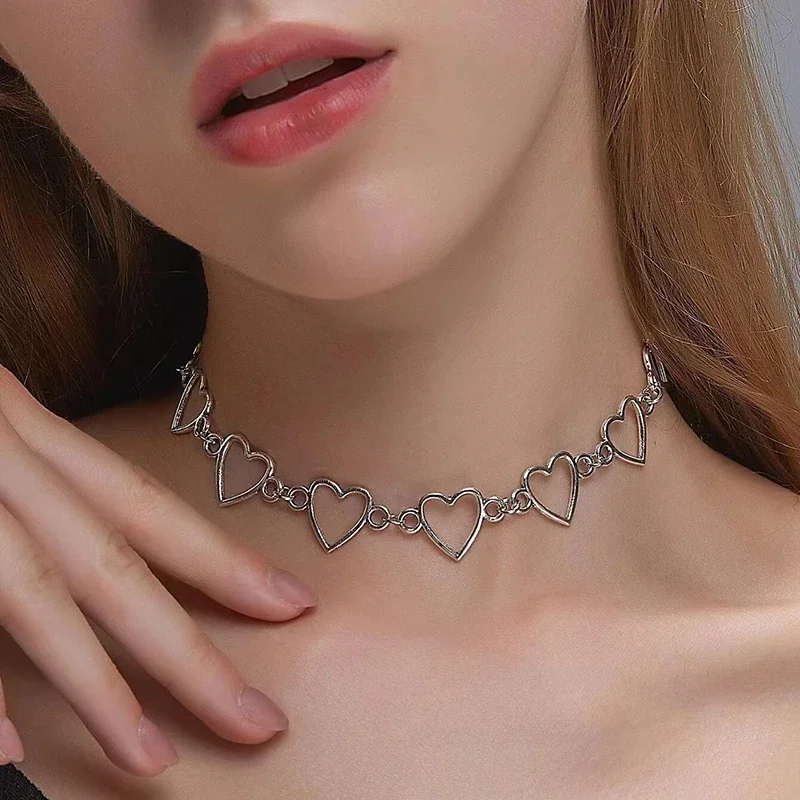 Vintage Harajuku Goth Metal Heart Neck Chains Choker Grunge Necklaces For Women Egirl Cosplay Aesthetic Accessories Jewelry