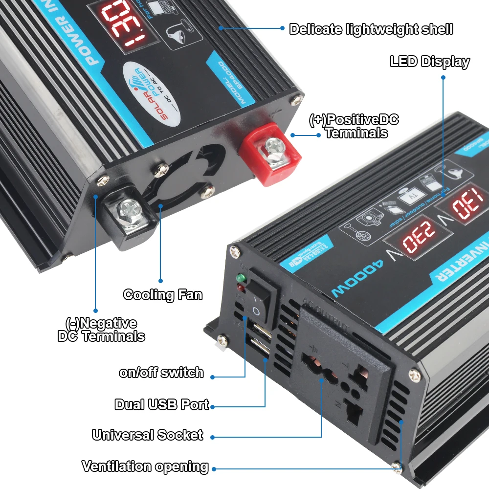 Adattatore per caricabatterie solare Inverter per auto 4000W Inverter per auto protezione multipla convertitore 12V 220V doppio trasformatore di