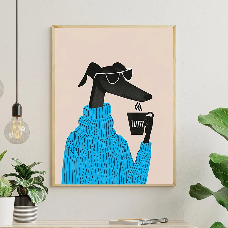 Cute Dog Coffee Poster Modern Whimsical Animal Greyhound Print Colorful Canvas Painting Wall Art for Living Room Home Decoration