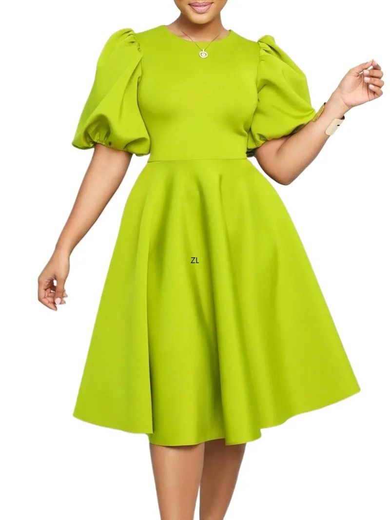 African Dresses for Women 2024 Spring Summer African Women O-neck Polyester Half Sleeve Solid Color Knee-length Dress S-3XL