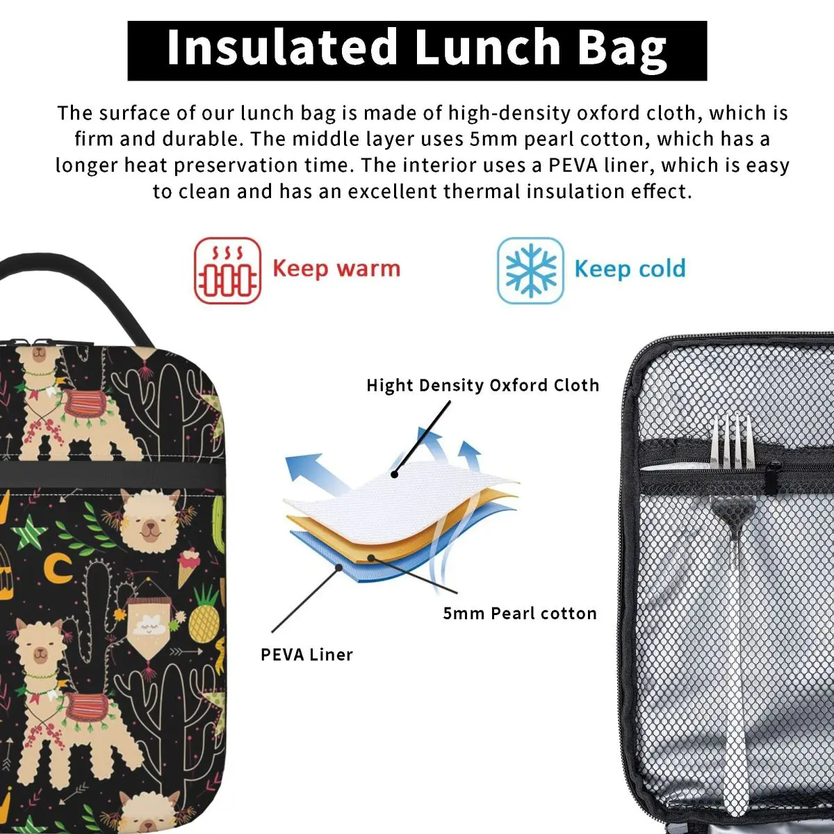 Cute Cactus Alpaca Pattern Insulated Lunch Bag for Women Kids Portable Food Boxes Thermal Lunch Box Tote
