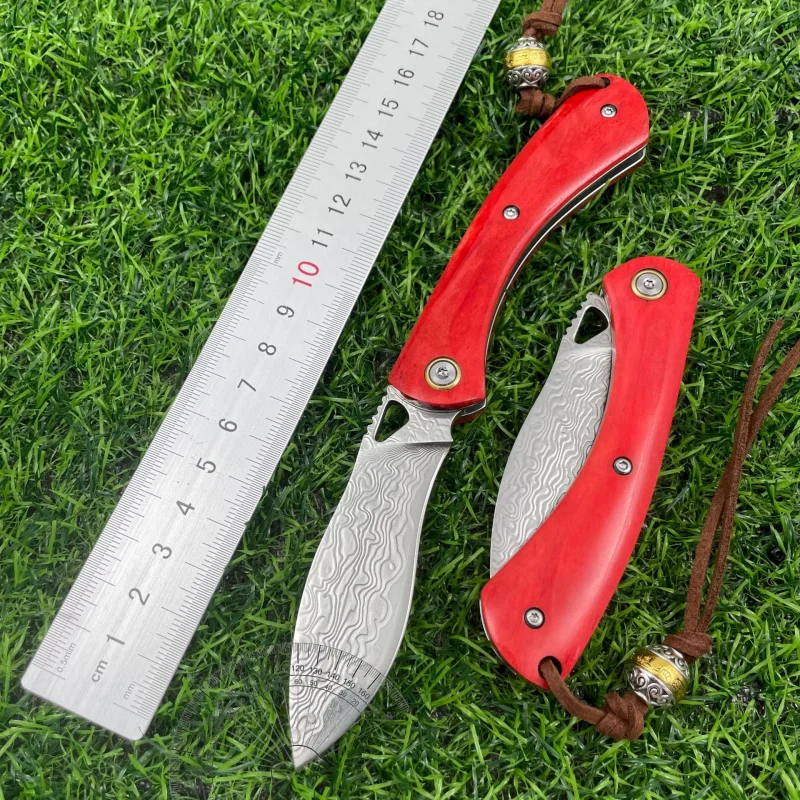 Beef bone Damascus steel folding knife portable camping mountaineering belt sharp multifunctional EDC folding knife