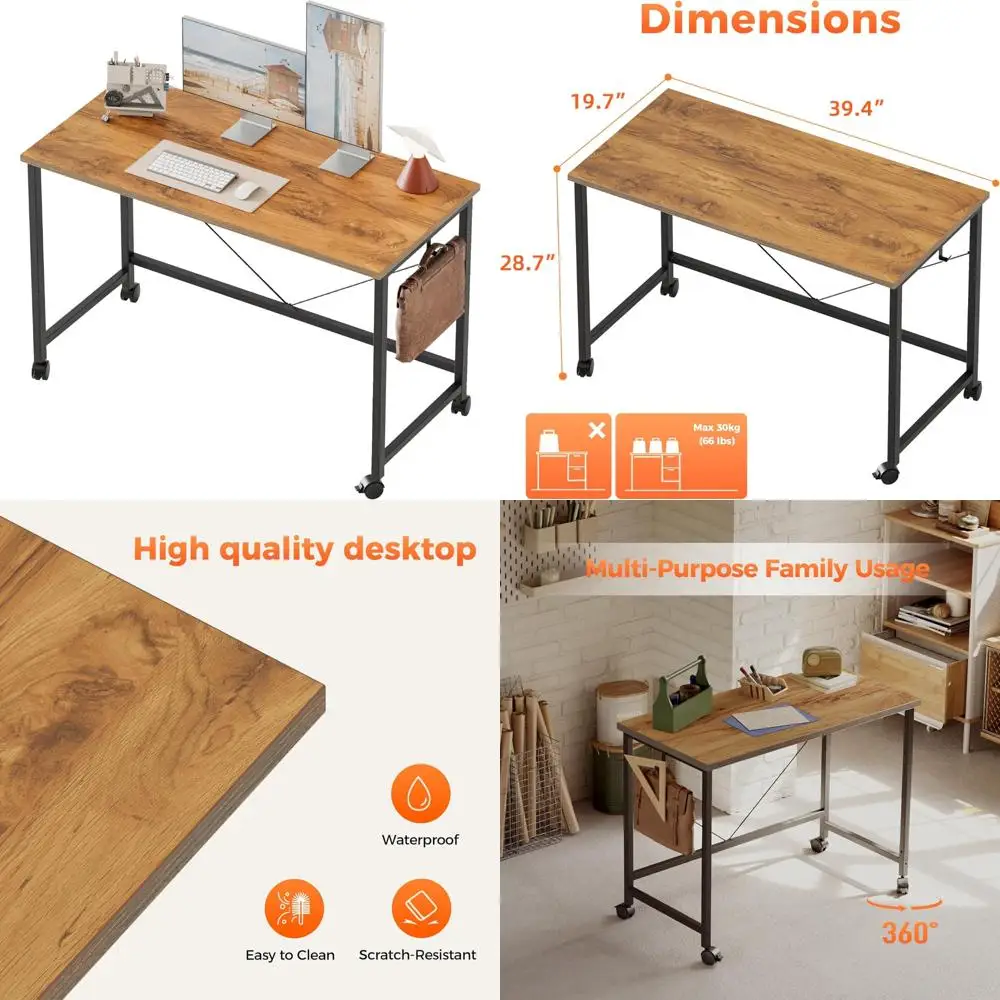 Compact Gaming Desk on Wheels for Small Spaces - Modern Minimalist Home Office and Study Writing Table