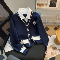 Women Autumn Winter Fashion Preppy Style Button Patchwork Turn-down Collar Tops Women Clothing Slim Cardigan Fake Two Pieces Top