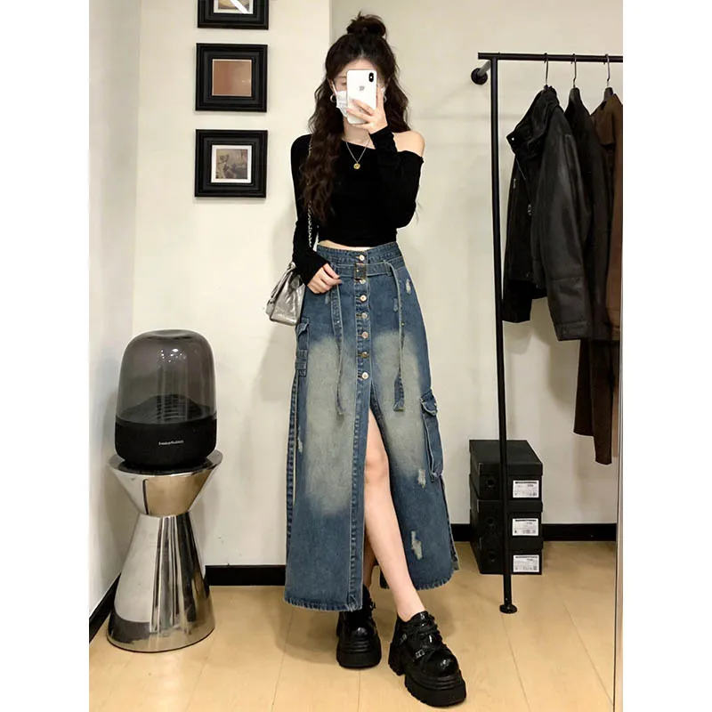 Women's Washed Denim Cargo Midi Skirt High Waist Belted Button Front Slit Skirts Pockets Vintage Y2k Streetwear Casual Outfits