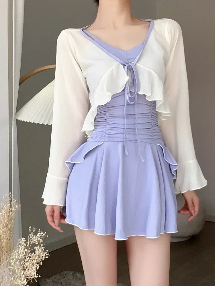 Women Bathing Suit Sweet One-Piece Slimming Swimwear Long Sleeve Sun-proof Swimsuit Skirt  Beach Skirt Pool Bikini