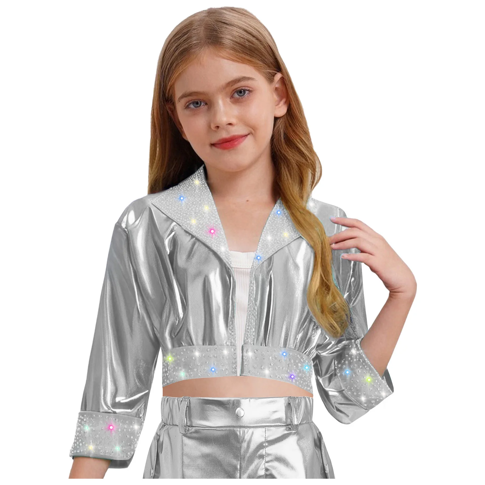 Kids Girls Jacket Coat Jazz Hip Hop Dance Crop Top Outerwear Lapel Collar Long Sleeve Shiny Rhinestones Metallic Coat Streetwear view 3