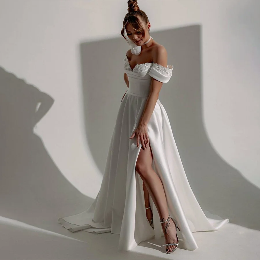 

Customized Off-Shoulder With Lace Cap Sleeve Front Split Wedding Dress A-Line Designs Backless Lace Up Wedding Gowns