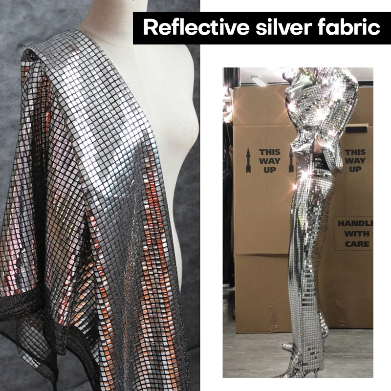 

Silver Reflective Sequined Fabric For DIY Party Stage Backgound Decor Skirts Dress Mesh Sequined Metallic Designer Fabric