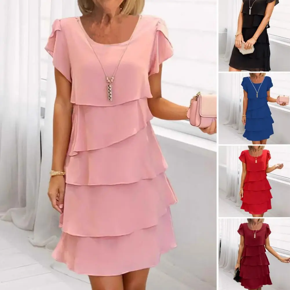 Spring Summer Women Chiffon Dress with Ruched Edge Round Neck Short Sleeves Women Dress Multi-Layer Design Summer Midi Dress