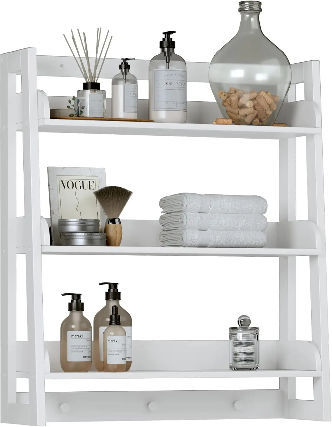 Bathroom Wall Shelf, Over Toilet Storage Shelf Organizer, 3-Tier Wall Mount Shelf Rack with Hook, White