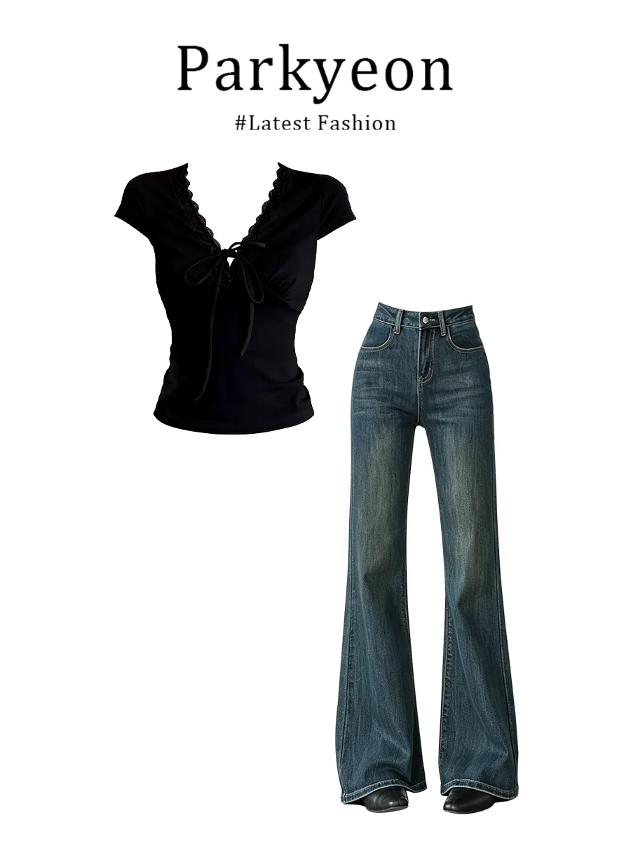 

Parkyeon Women's V-neck T-shirt And Jeans Set Short Sleeve Belted Casual Wear Summer Fashion Outfit Two-piece Ensemble
