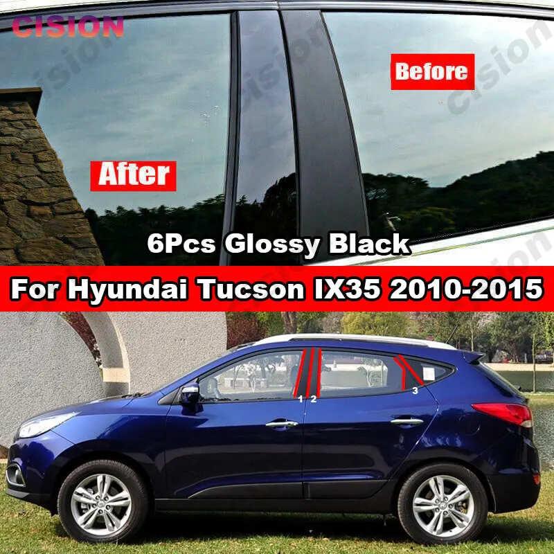 6Pcs Black Mirror Effect PC Material Sticker Car Window Door Column B C Pillar Post Cover Trim for Hyundai Tucson IX35 2010-2015