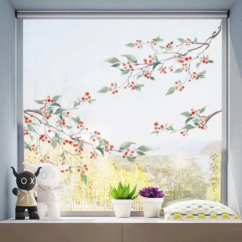 

Green Plant Leaves Wall Stickers Bedroom Sofa Wall Decoration Stickers Cherry Blossom Flowers Stickers Self-Adhesive Removable