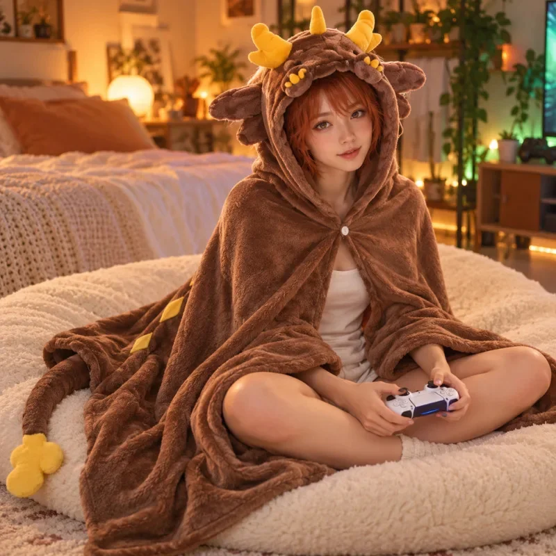 Genshin Impact Zhongli Wanderer Nahida Hu Tao Plush Cape Blanket Hooded Shawl Wearable Throw Nap Cloak Cosplay Gift For Fans New