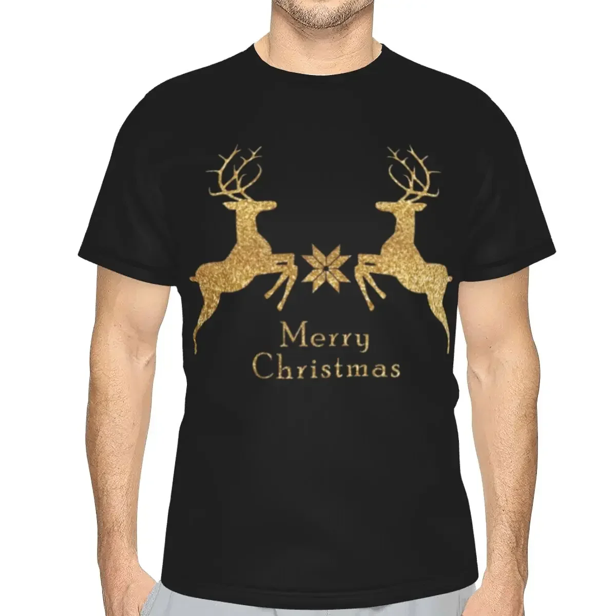Christmas Gold Deer polyester T-Shirt Men'sFashion T Shirts Men Round Neck Short Sleeve