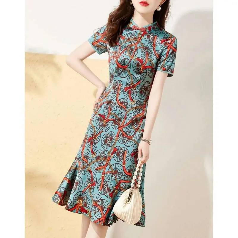 Long Dress Ethnic Style Exudes Retro Summer Charm Features Modified Cheongsam Plus-size Women's Dress Fashionable Sexy Stylish