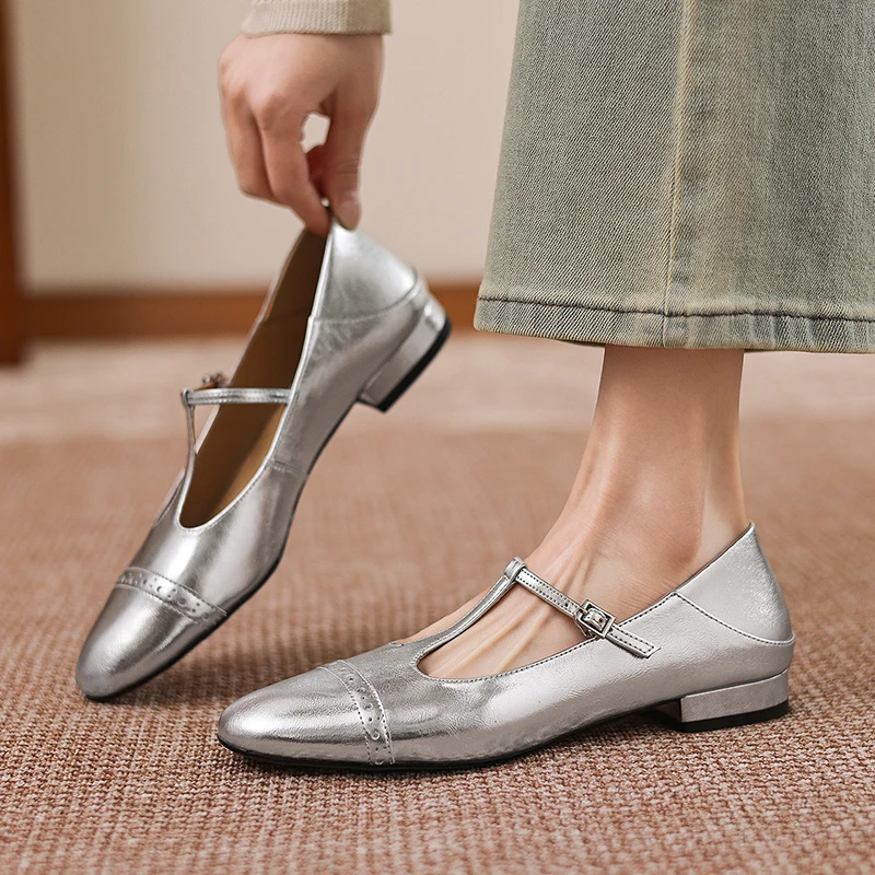 

Genuine Leather Women Mary Jane Flats 2026 Spring New Shallow Cut Single Strap Low Heel Versatile Comfortable Modern Shoes