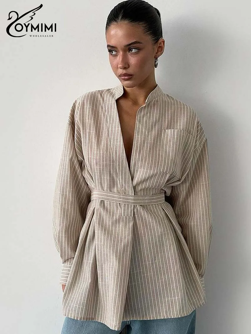 Oymimi Fashion Brown Striped Print Women Top Elegant Long Sleeve Pockets Lace-Up Blouses Spring Casual New Lapel Button Shirts