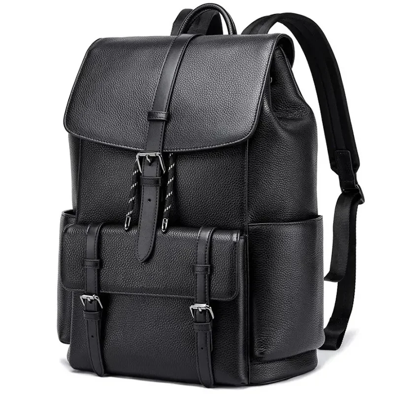 Men Genuine Leather Backpack Double Shoulder Schoolbag for Business Trip Computer Bag First Layer Cowhide Commute Leisure