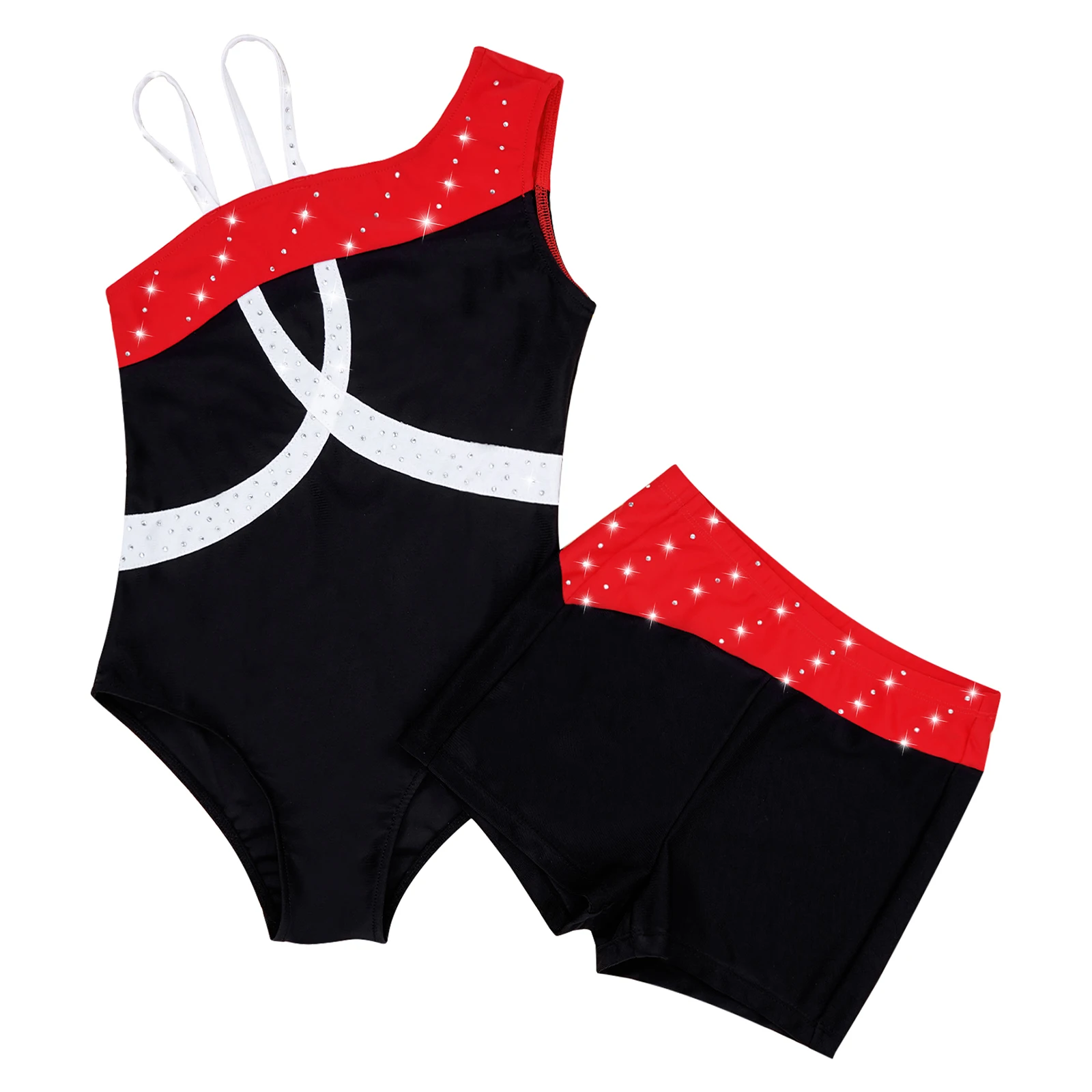 Kids Girls Sleeveless Ballet Dance Leotard with Shorts Set Shiny Rhinestone Gymnastics Bodysuit Dancewear Workout Outfits