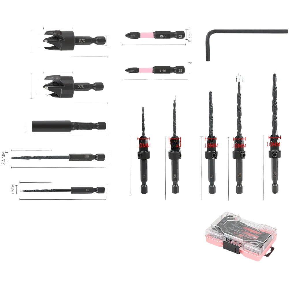 12/14pc Countersink Drill Bit Set Claw Drill Auger Bit Taper Hole Drills Batch Heads Anti-Slip Hexagonal Handle Woodworking Tool