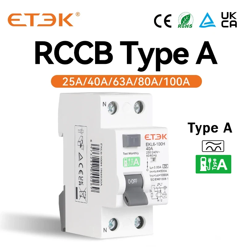 ETEK RCD RCCB Type A Electromechanic Residual Current Circuit Breaker AC 2P 2Pole 10KA 25A 40A 63A 80A 100A 230V 30ma EKL6-100H