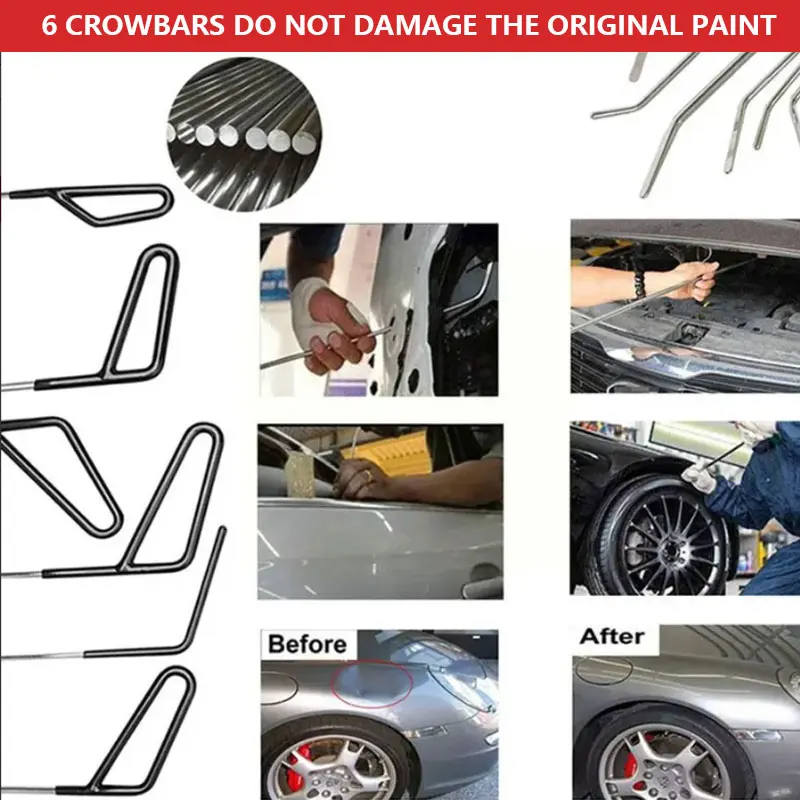 Crowbar Rods Dent Removal Kit Car Paintless Dent Repair Rods Set Body Repair Hammer Set For Hail Damage/Car Dents/Minor Dents