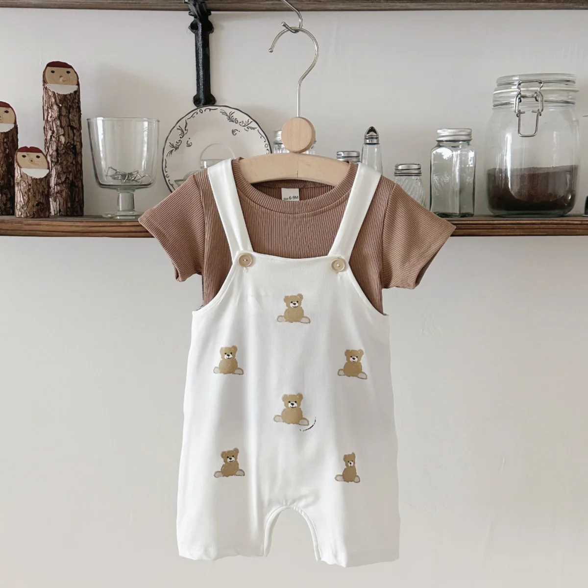

Новая летняя одежда в корейском стиле для маленьких мальчиков и девочек, коричневый комбинезон с короткими рукавами + милый комбинезон с принтом медведя, детские комплекты, костюм для новорожденных