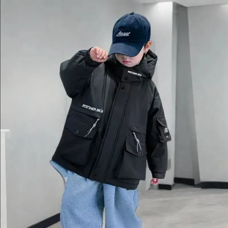 ZOETOPKID Red Printed Hooded Zipper Cotton Jackets Autumn Winter Medium Long Casual Teenage Children's Outwear Coats