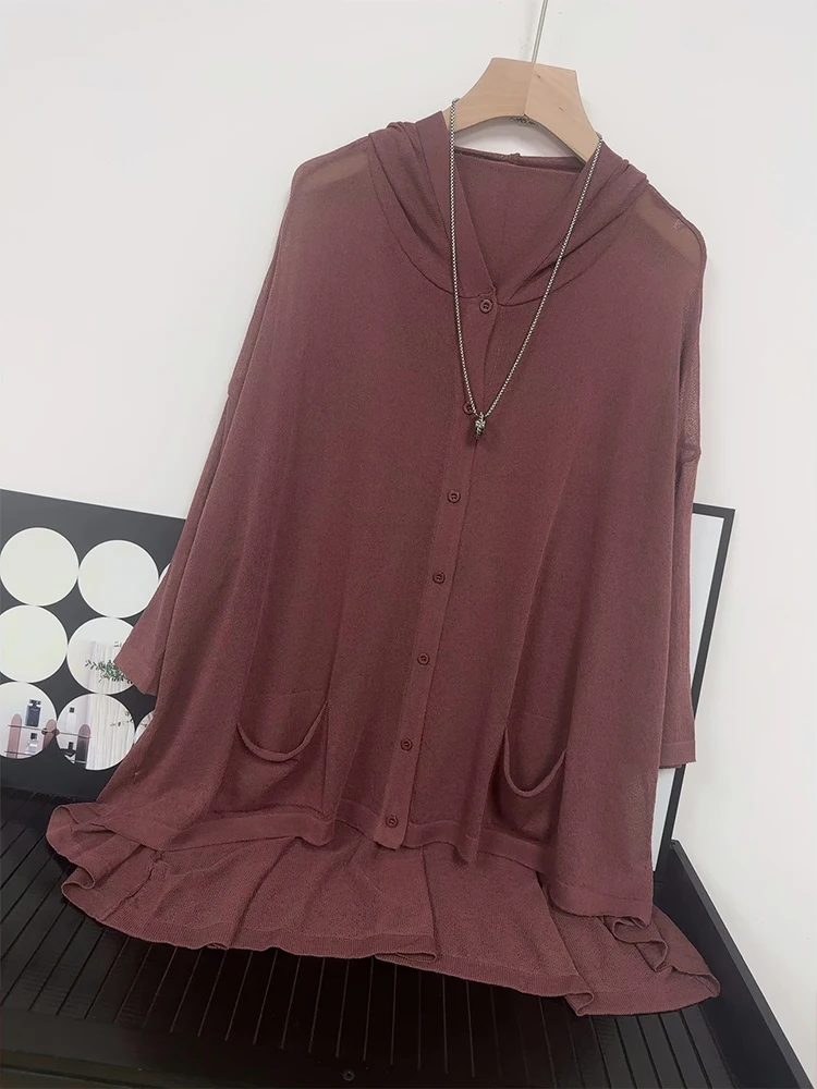 High Quality Medium Length Hooded Knitted Cardigan for Women's Thin Summer Loose Fitting Jacket, Sun Protection Outer Wear