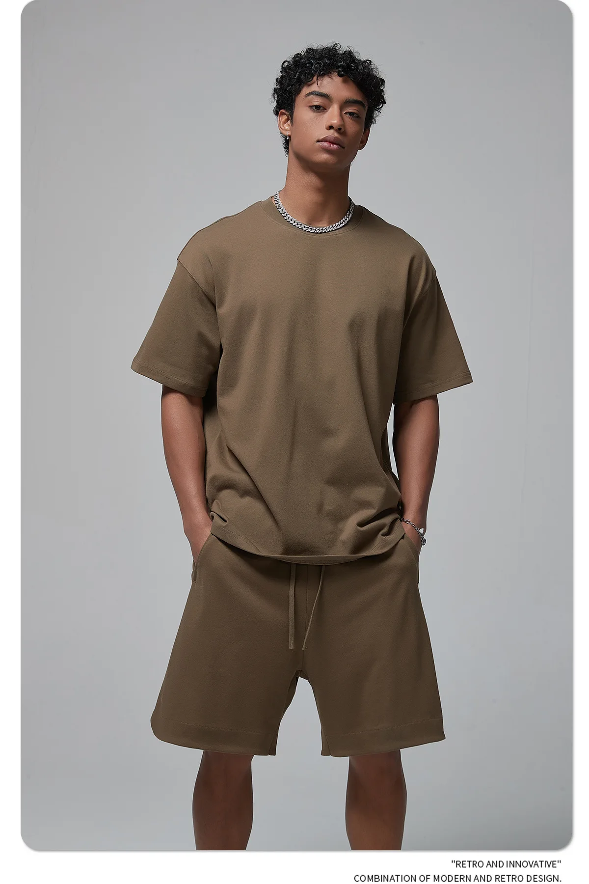 Men's 305g Heavyweight 100%Cotton Oversized T-Shirt-Earth Tone Solid Color Streetwear Basic Tee Premium Quality Short Sleeve Top