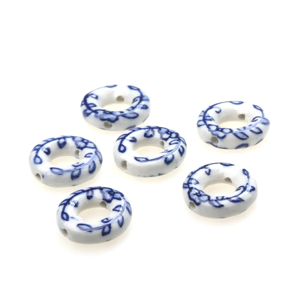 6Pcs/Lot 18MM Ceramic Loose Bead Blue And White Double Hole Nostalgia DIY Bracelet Necklace Earrings For Women Jewelry Making