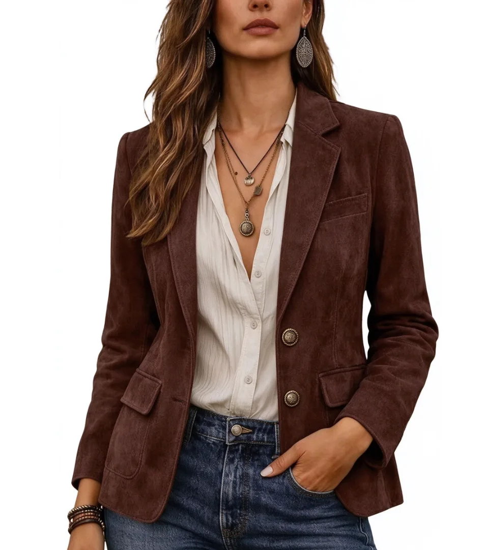 2026 New European American Style Women Suede Blazer, Autumn Slim Fit Two-button Lapel Elegant Casual Outerwear