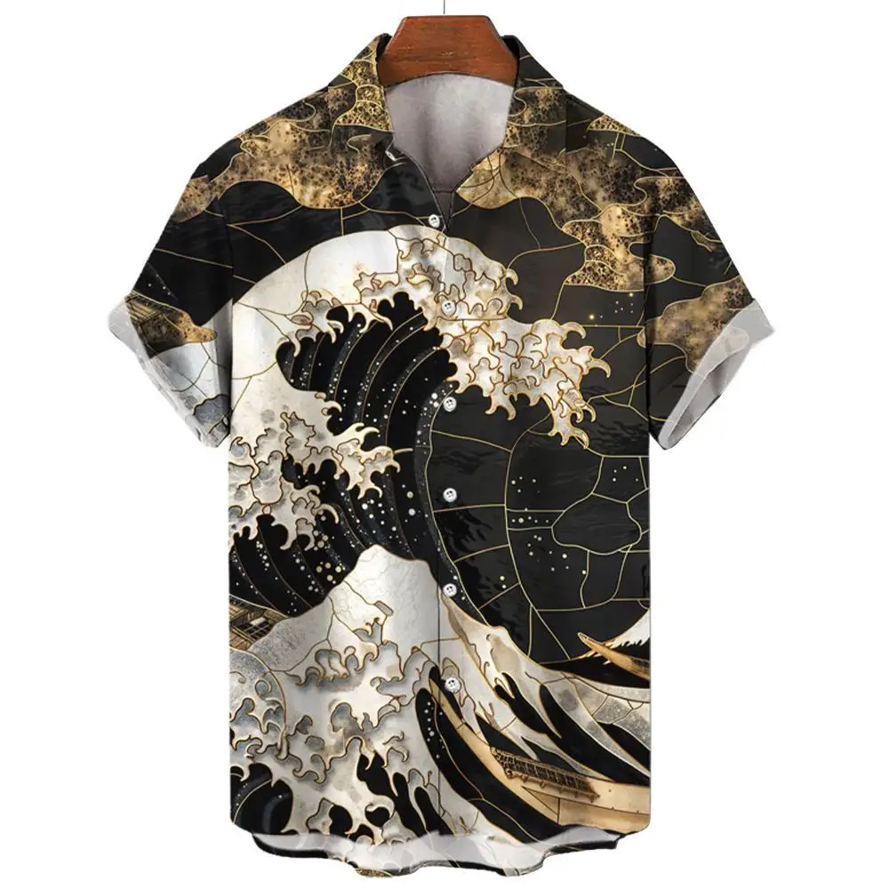 Luxe Herenoverhemd Japans Ukiyo-E Patroon Korte Mouwen Oversized T-Shirts Tops Hawaiiaans Shirt Zomer Casual Herenkleding