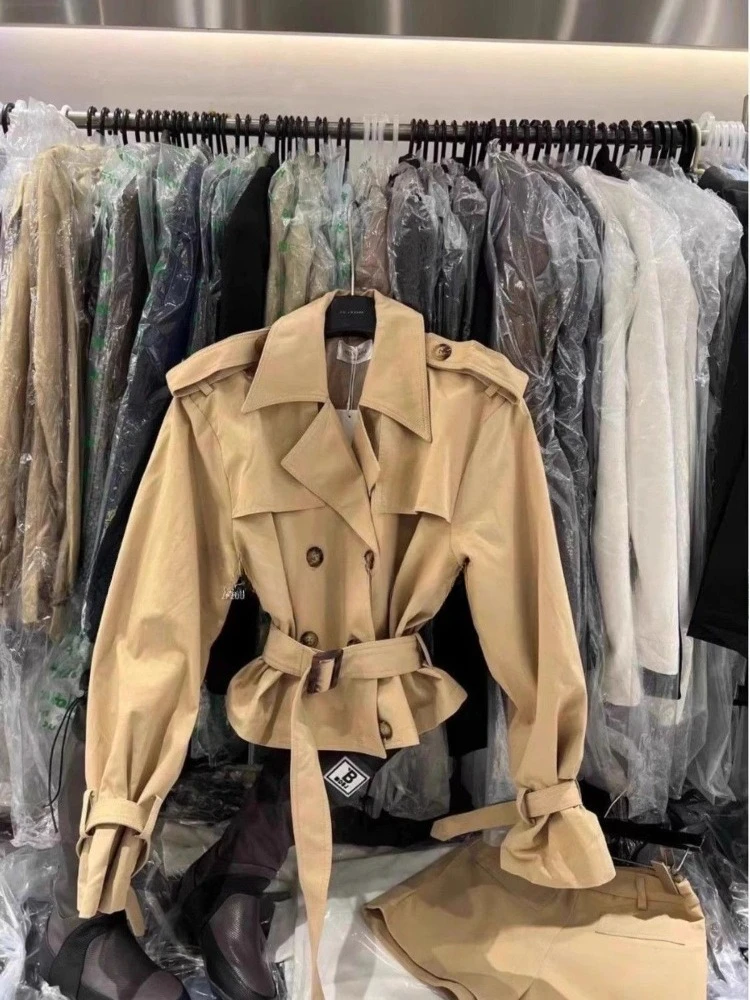 

Autumn Winter New Two Piece Sets Crop Tops Fashion Long Sleeve Trench Coat Women+ Vintage High Waist Wide Leg Shorts