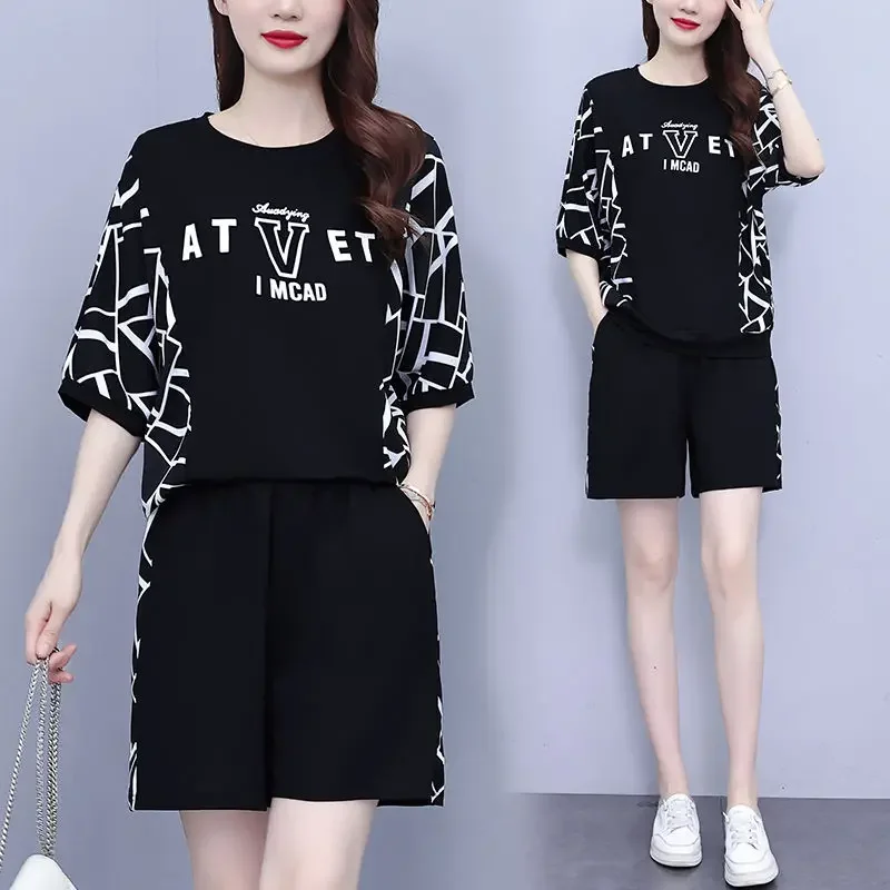 

Large Size Casual Loose Women's Set Summer Short Sleeves Printed T-shirt+Wide Leg Shorts Trendy Comfortable Sports Two-piece Set