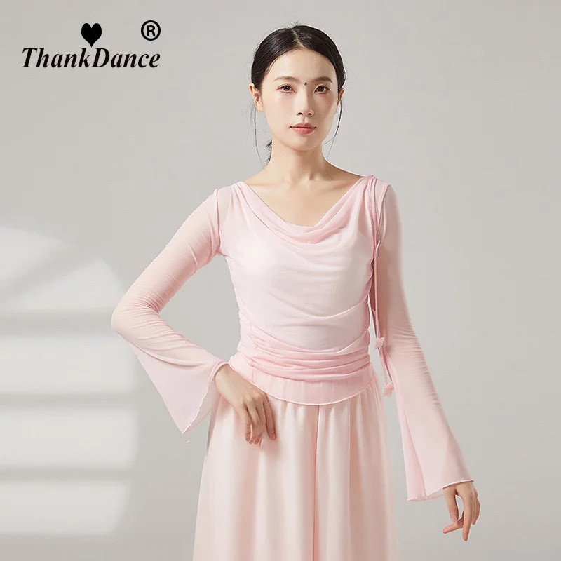 المرأة الكلاسيكية الرقص قميص الملابس الصينية الرجعية مشبك القديمة قافية الشاش شفافة طويلة الأكمام بلايز ملابس رقص الشعبية