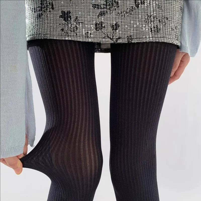 Knit Tights Ribbed Pantyhose Women Lace Sexy Black See-Through Stockings Soft Striped Skinny Leggings Fashion Ladies Pantyhoses