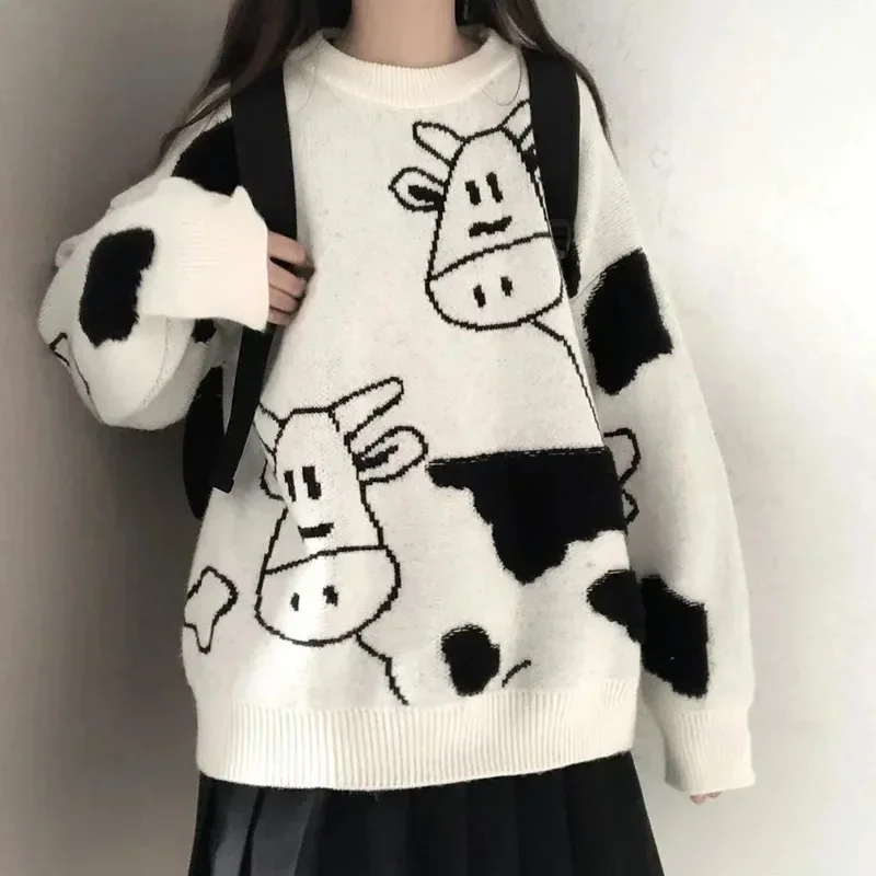 

2024 Korean Harajuku Women's Sweater Vintage Casual Loose Lazy Cow Sweater Female Japanese Girls' Kawaii Cute Ulzzang Clothing