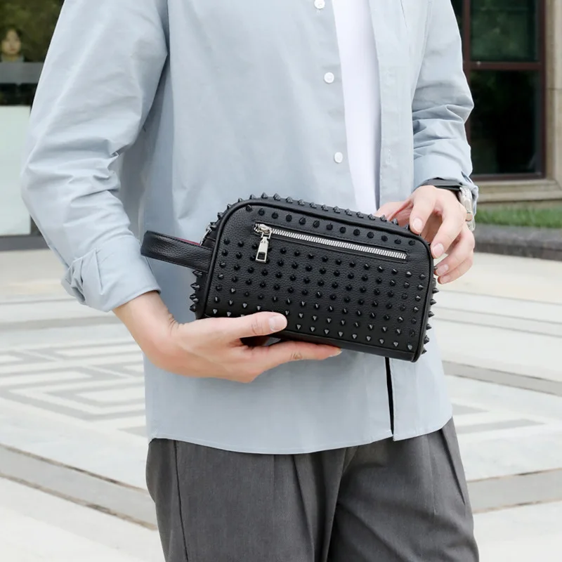 Fashion Clutches Men Punk Rivet Men's Clutch Bags Luxury PU Leather Clutch Handbags Male Large Capacity Storage Bag Purse Gifts