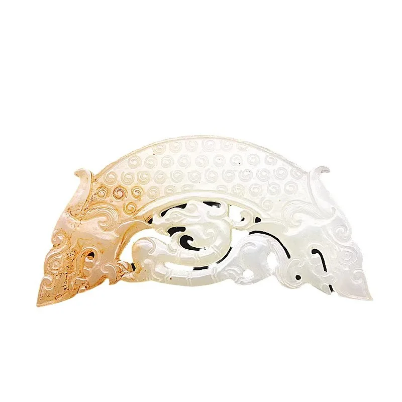 Natural White Jade Pendant with Dragon Design, Semi-Circular Tadpole Pattern Carved Jade Waist Pendant
