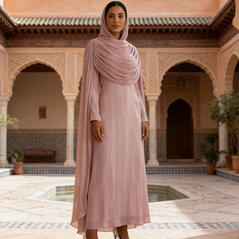 

Elegant Pleated Dubai Abaya Cloak Cape Evening Dresses for Women Muslim Hijab Set Turkey Kaftan Djellaba Islam Clothing Jalabiya