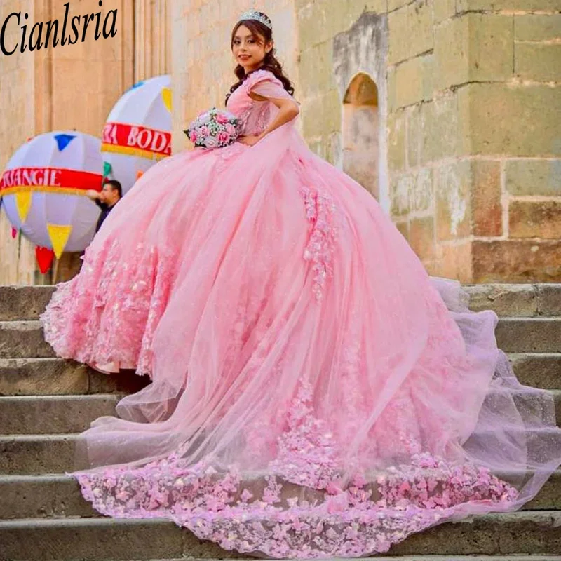 

Pink Mexican Quinceanera Dresses Appliques Ball Gown Beaded Lace Sweet 16 Dress Princess Lace Up Vestido De 15 Años