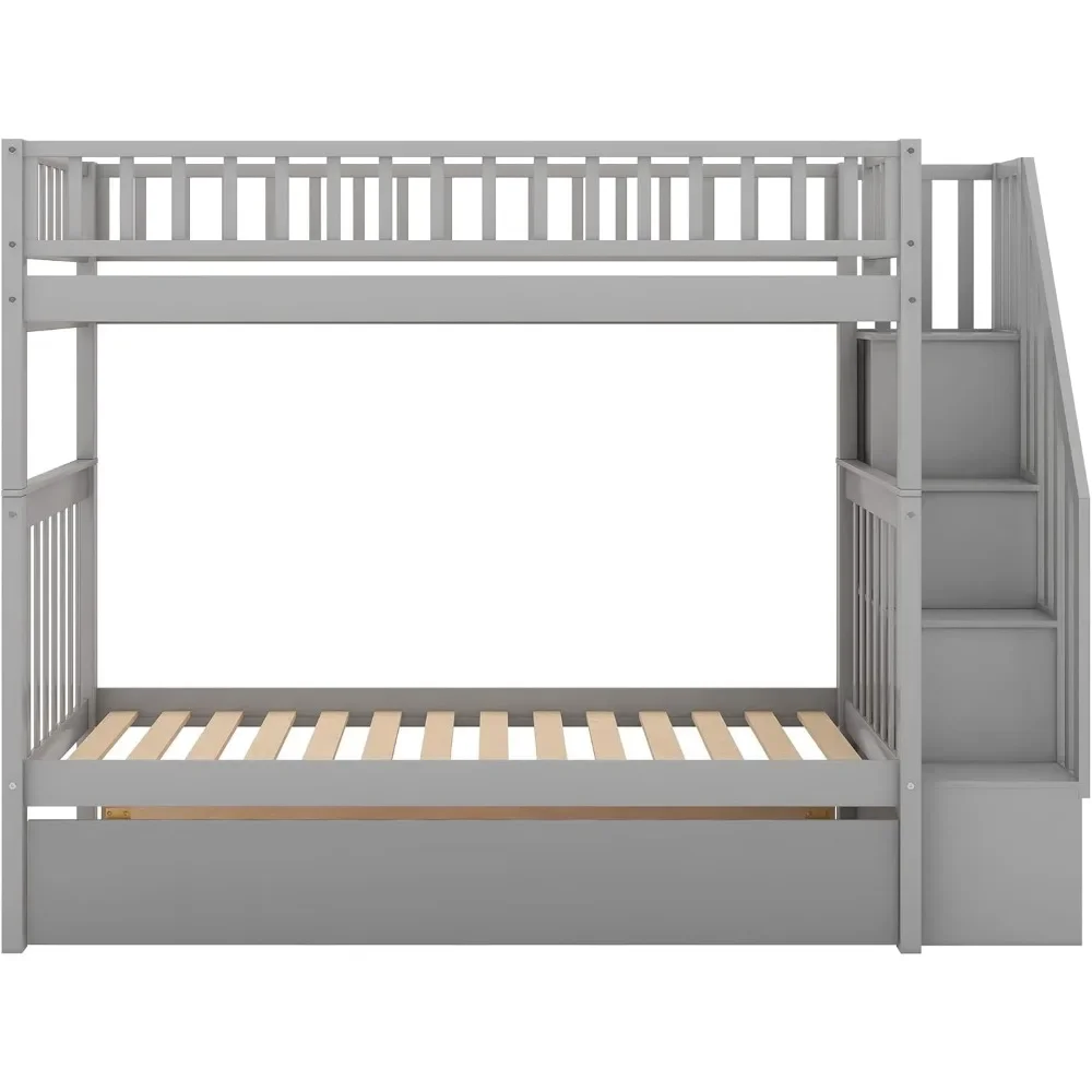 Stapelbedden Twin Over Twin Size, Massief houten stapelbedden met onderschuifbed en trap voor kinderen, peuters, tieners, volwassenen (grijs, stapelbed)